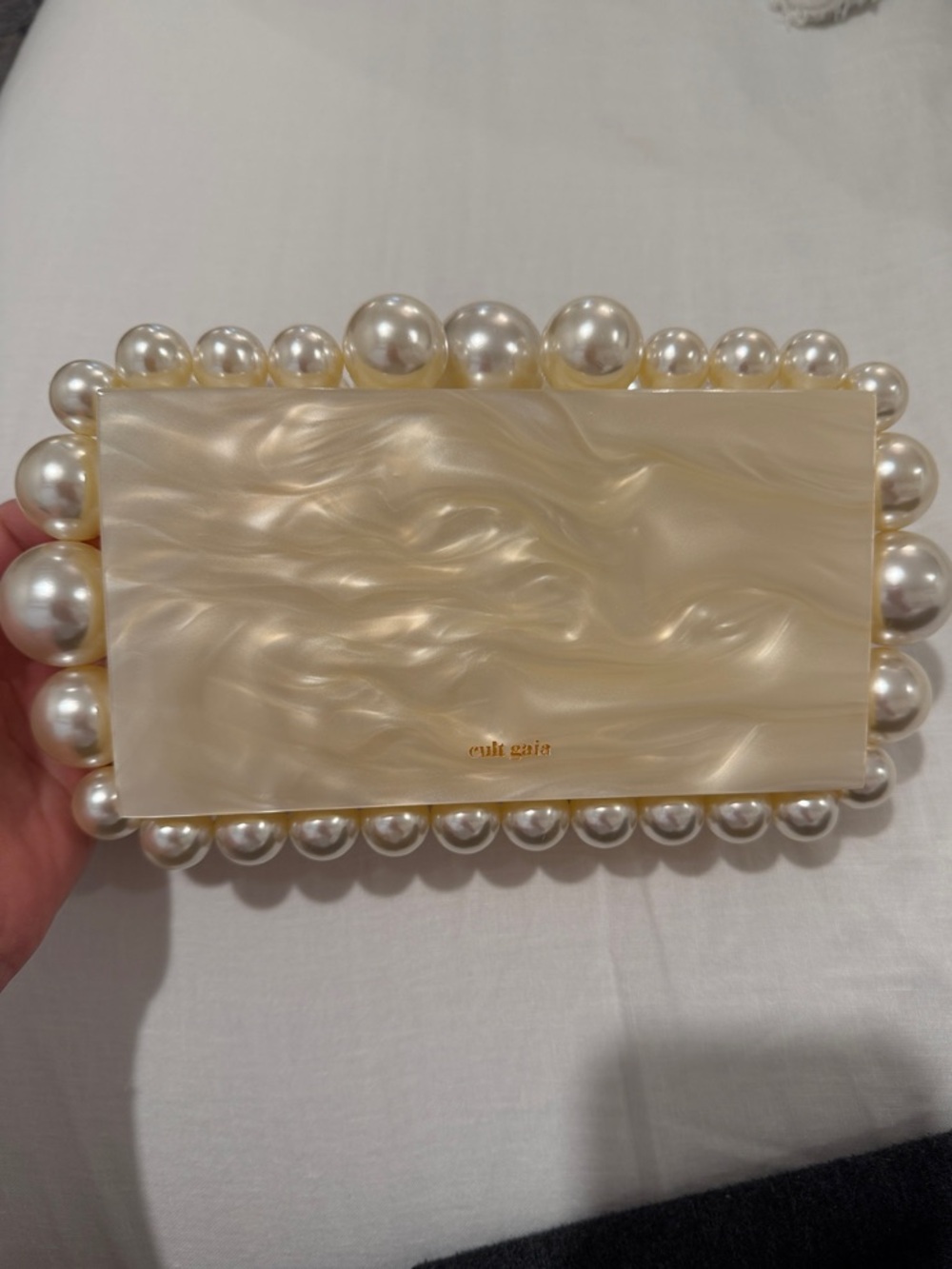 cult gaia Pearl-Trim Swirl Acrylic Clutch in Cream
